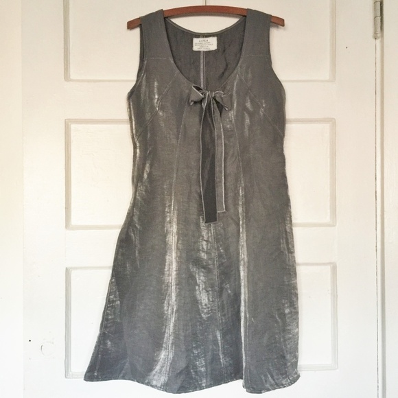 LOLA Glazed Linen Bow Front A Line Silver Dress - Picture 1 of 7